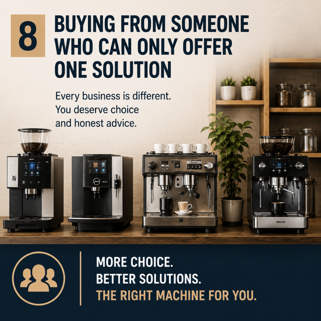 Different commercial coffee machines on display, illustrating the importance of choosing the right machine for your business rather than being limited to a single brand or solution.