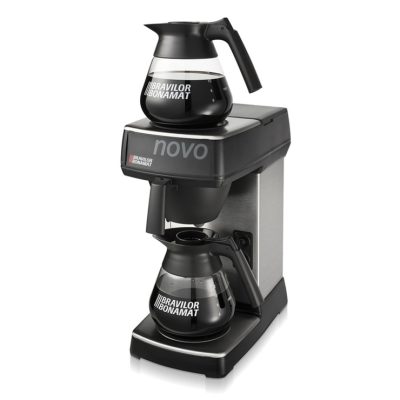 Bravilor Bonamat Pho Pro Novo coffee machine with two glass decanters on warming plates, a white professional housing, and front brewing control panel.